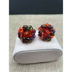 Vintage Joan Rivers Beaded Round Gold Tone Pierced Earrings Fall Colors Pretty